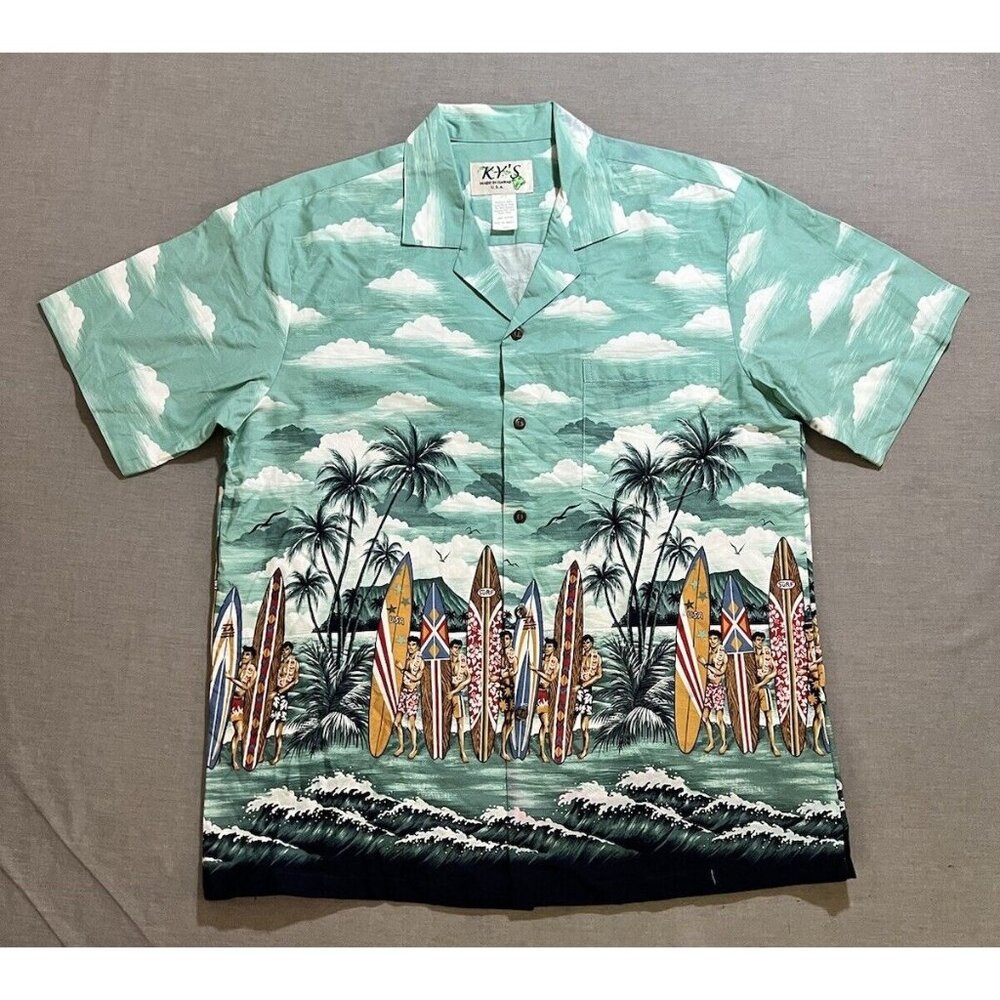 VINTAGE KY'S SURFBOARD‎ SURF SURFER HAWAIIAN SHIRT MEN'S LARGE BLUE BUTTON.
